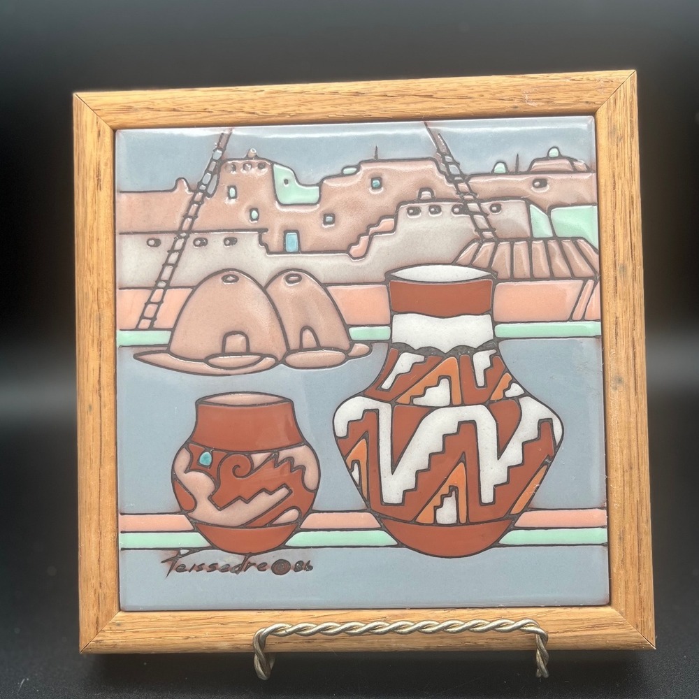 VTG Teissedre Southwest Tile Wall Art Pueblo Scene‎ Pots 1986